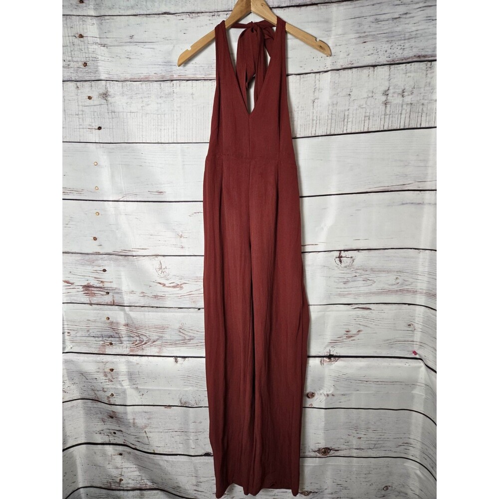 Lulus Womens Jumpsuit Size Xs Burnt Red Halter Low V- Neck Low Back Dressy